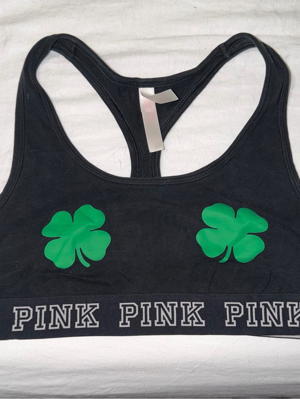PINK Victoria's Secret Black Racerback Tank with Green Clover Graphics